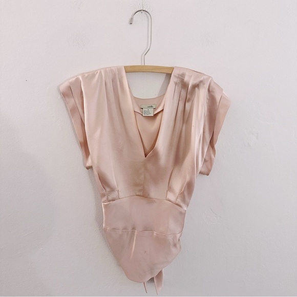 Anthropologie Odille Silk Satin Short Sleeve Blouse Bow Tie Top Baby Blush Pink - Picture 6 of 6